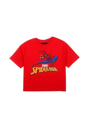 T-shirt rouge à manches courtes avec un graphisme de Spider-Man accroupi et un texte jaune « Spider-Man » en dessous, au centre devant.
