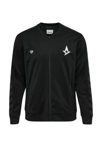 Zwarte zip-up jas met een ronde halslijn, zijzakken, witte logo's en zwarte chevronstrepen op de mouwen. Glad textuur van de stof.