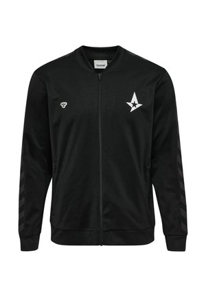 Sort zip-jakke med rund hals, sidelommer, hvide logoer og sorte chevron-striber på ærmerne. Glat stofstruktur.