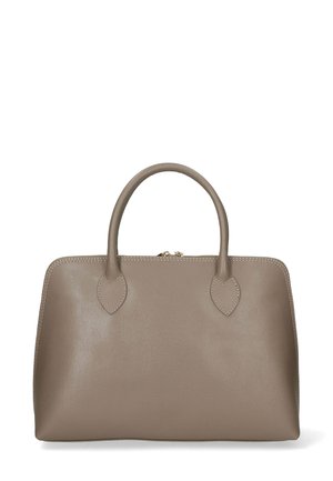 Bruine leren handtas met ronde handvatten, druppelvormige accenten en een gestructureerd ontwerp. Voorzien van een bovenste rits en een zachte textuur.