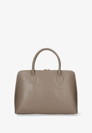 Bruine leren handtas met ronde handvatten, druppelvormige accenten en een gestructureerd ontwerp. Voorzien van een bovenste rits en een zachte textuur.