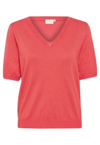 Coral pink short-sleeve pullover top with a V-neck and ribbed hem. Made of soft knit fabric, it features a relaxed fit and simple design.
