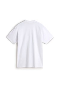 Weißes Baumwoll-T-Shirt, kurze Ärmel, runder Ausschnitt, glatte Textur, keine sichtbaren Muster oder Grafiken, von hinten dargestellt.