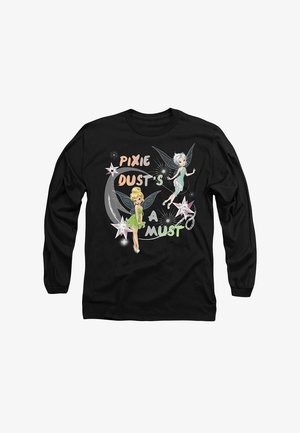 Schwarzes Langarmshirt mit zwei Feen, Sternen, einem Halbmond und dem Text "Pixie Dust's a Must" in pastellfarben.