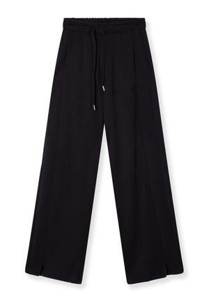 Zwarte wijde broek gemaakt van zachte stof, met een elastische tailleband met trekkoord, voorplooien en zijsplitsen.