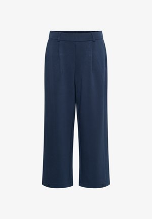 Tumed sinise värvi laiad püksid pehmest kangast, millel on sile tekstuur, kaks esipleedi ja nööbid allääres.