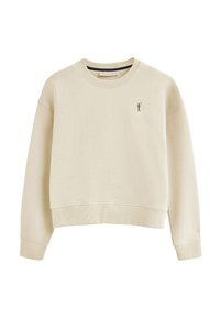 Sudadera corta color crema, hecha de tela suave, con cuello redondo, puños acanalados y un pequeño logotipo bordado en el pecho.