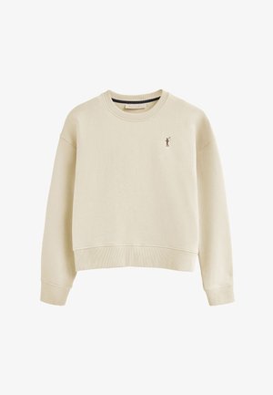 Cremfarbener, verkürzter Pullover aus weichem Stoff, mit rundem Ausschnitt, gerippten Bündchen und kleinem gesticktem Logo auf der Brust.