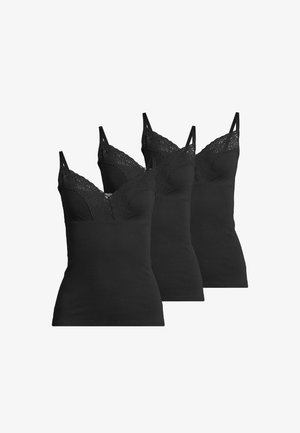 Zwarte cami-tops met kantafwerking, met dunne bandjes en een getailleerd ontwerp. Drie stuks netjes naast elkaar gepresenteerd. Zacht, rekbaar materiaal.