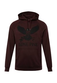 Bordeaux hoodie met een kangoeroezak, trekkoordcapuchon en zwart arend graphic. Bevat 'LONE PINE' tekst en een vintage jaarontwerp.