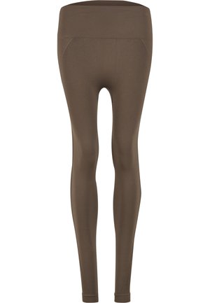 Leggings marron en matériau doux et extensible avec une large ceinture de soutien et une texture lisse. Aucun motif ou embellissement visible.