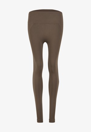 Leggings marron en matériau doux et extensible avec une large ceinture de soutien et une texture lisse. Aucun motif ou embellissement visible.