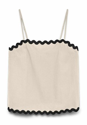 Haut caraco beige à fines bretelles, avec bordure noire ondulée le long de l'encolure et de l'ourlet.