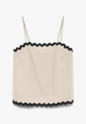 Beežika värvi top õhukeste rihmadega, millel on mustad lainelised servad kaeluse ja ääre ümber.