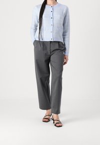 Cardigan en tricot bleu clair avec un motif texturé, doté d'un col rond et de cinq boutons. Associé à un pantalon gris sur mesure et des sandales noires.