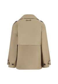 Beige trench coat featuring a classic collar, oversized fit, back flap, and buttoned cuffs with tonal hardware details.