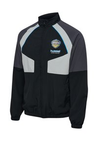 Zwarte, grijze en blauwe sportjas met ritssluiting aan de voorkant, elastische manchetten en El Paso Locomotive en hummel-logo’s op de borst.