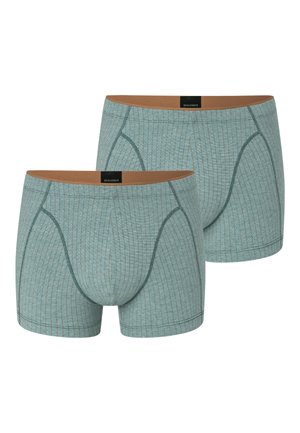 Zwei hellblaue Herren-Boxershorts mit dünnen vertikalen Streifen und braunen Bund, auf der Vorderseite in der Mitte mit "Schiesser" beschriftet.