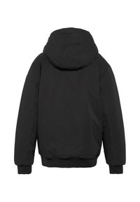 Schwarze Kapuzenjacke mit glatter Textur, elastischen Bündchen und tailliertem Bund. Verfügt über ein schlichtes, unifarbenes Design ohne sichtbare Logos.