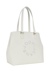 Sac à main en cuir blanc avec un design de logo circulaire perforé, de forme rectangulaire, à doubles poignées et à texture lisse. Accents en métal doré.