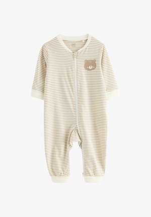 Beige og hvide stribet babydragt med lange ærmer, lynlås foran og et lille teddybjørneansigt-logo på brystet.