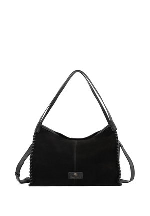 Borsa a spalla in pelle nera con bordi intrecciati, due stili di tracolla e una piccola targhetta metallica con logo al centro davanti.