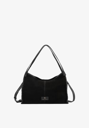 Borsa a spalla in pelle nera con bordi intrecciati, due stili di tracolla e una piccola targhetta metallica con logo al centro davanti.