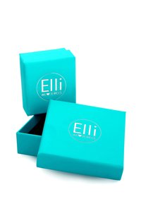 Turquoise jewelry box with glossy finish, featuring a white printed logo "Elli WE ♥ JEWELS." Box has a simple square shape with an open lid.