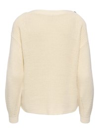 Pull tricoté couleur crème à manches longues, poignets côtelés et large encolure ronde, vu de dos.