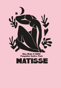 Černá silueta ležící postavy na růžovém pozadí, s abstraktními tvary a hvězdami. Text níže zní „Modrá nahá II (1952) MATISSE.“