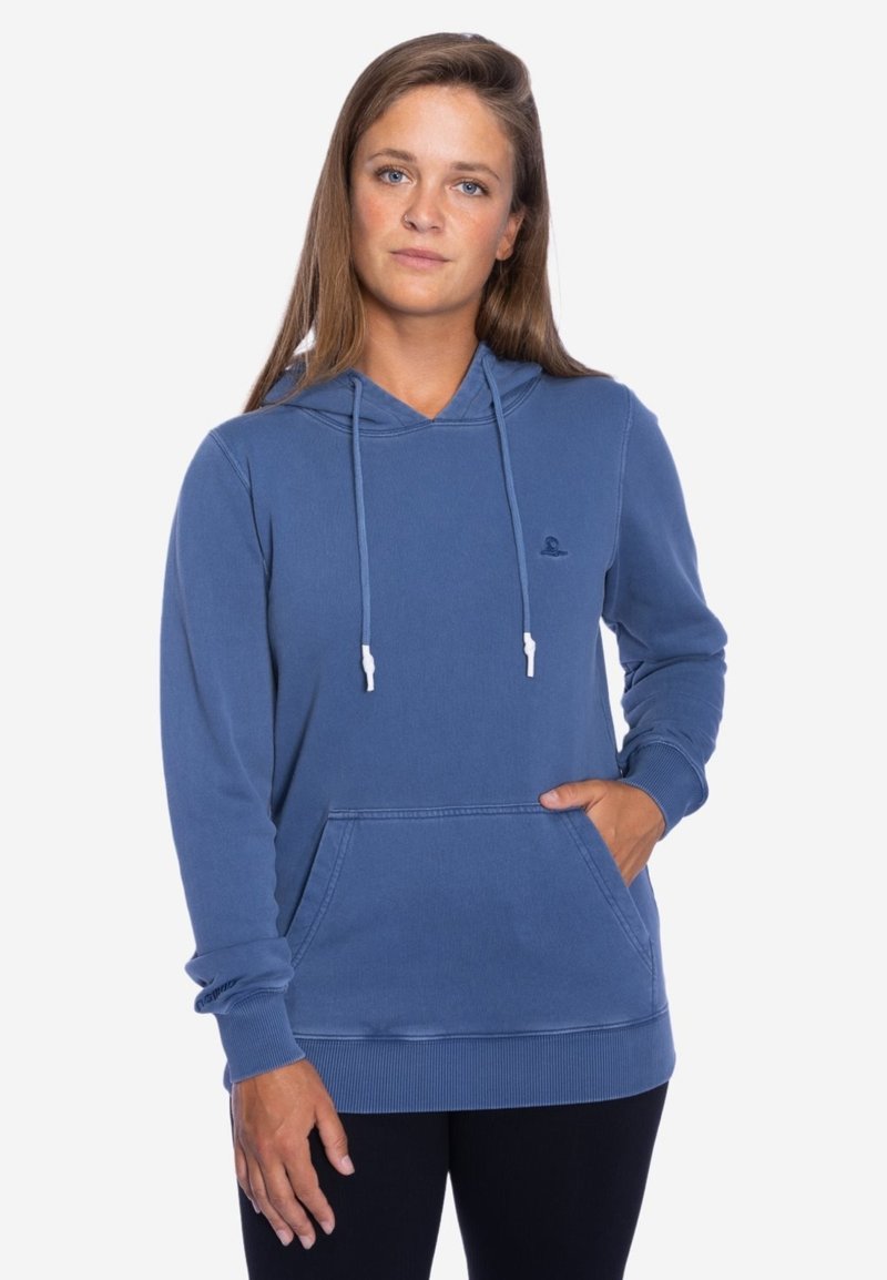 Blauer Kapuzenpullover mit einer Fronttasche, Rippbündchen und Kordelzügen. Verfügt über ein kleines Logo auf der Brust, hergestellt aus einem Baumwollmischgewebe.