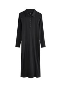 Rochie polo neagră cu mâneci lungi, din țesătură nervurată, având un guler clasic, o fântână cu nasturi și un design cu croială dreaptă.