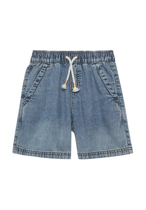Hellblaue Jeansshorts mit elastischem Bund und weißem Kordelzug, ausgestattet mit schrägen Vorderentaschen und Ziernähten.