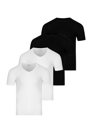 Dwie czarne i dwie białe koszulki z krótkim rękawem, na białych koszulkach dekolt w serek, na czarnych okrągły dekolt, ułożone na przemian w rzędach.