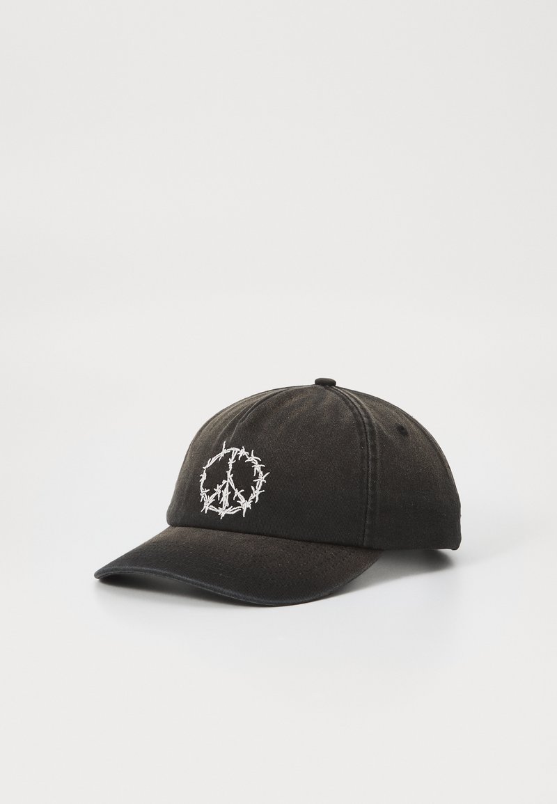 Black cotton cap with a curved brim, featuring white embroidered peace symbol surrounded by thorny branches on the front panel.