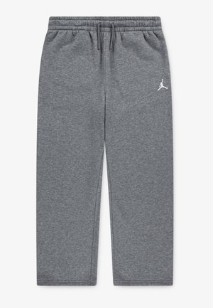 Gray sweatpants with an elastic waistband, adjustable drawstring, and a white logo on the left thigh. Soft, smooth texture, straight fit.