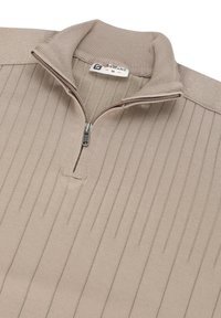 Suéter de color beige con cremallera de un cuarto y textura acanalada, que presenta un cuello alto y una pequeña cremallera en el cuello. La etiqueta dice "GABIANO M."