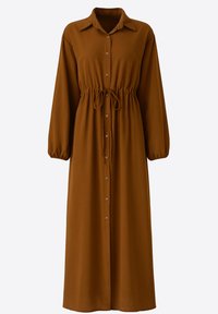 Braunes langärmeliges Kleid aus weichem Stoff. Mit durchgehender Knopfleiste, Kragen und einem Taillen-Zugband für eine verstellbare Passform.