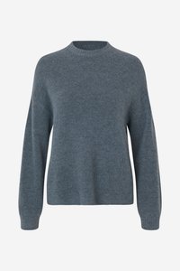 Maglione di lana blu con scollo rotondo, maniche lunghe e una vestibilità comoda. La texture è morbida, con sottili motivi a maglia.