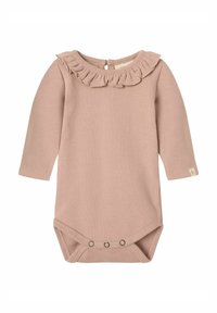 Langarm-Babystrampler in sanftem Rosa mit Rippstruktur, ausgestattet mit einem Rüschensaum und Druckknöpfen im Schritt.