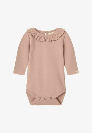 Langermet baby bodysuit i myk rosa, ribbet tekstur, med en volangkrage og trykknapper i bunnen.