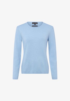 Hellblauer langärmliger Pullover aus Bio-Baumwolle und Kaschmir. Verfügt über einen runden Halsausschnitt und eine weiche, glatte Textur.