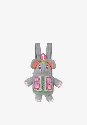 Kinder rugzak in de vorm van een grijze olifant met roze oren, geborduurde ogen en een kleurrijk decoratief vest aan de voorkant.