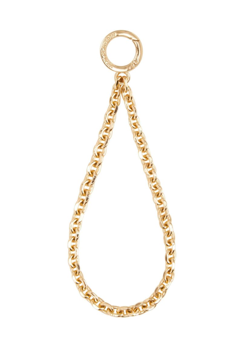 Accessorio in catena d'oro con un anello circolare nella parte superiore. I collegamenti sono grandi, lucidi e lisci, formando una forma a goccia.