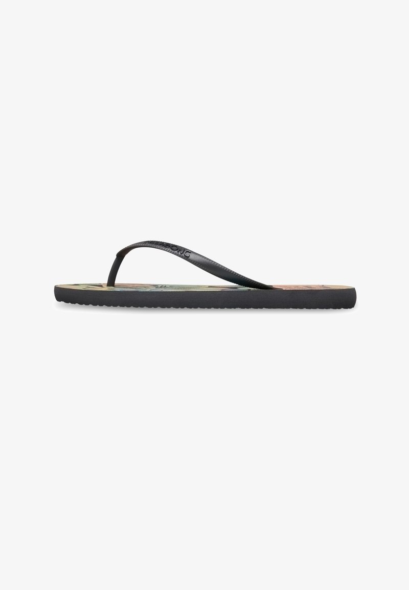 Tongs noires à fines lanières avec une semelle intérieure à motifs multicolores, vues de côté sur fond blanc.