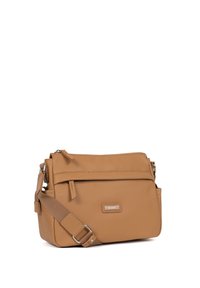 Borsa a tracolla color tan realizzata in materiale sintetico liscio, con un principale scomparto con zip, tasca frontale con zip e tracolla regolabile.