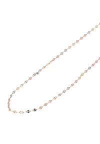 Halskæde i rosaguld, guld og hvidguld med sammenflettede diamantformede led med en poleret overflade. Måler ca. 45 cm i længden.