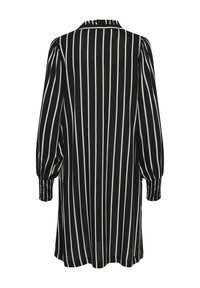 Gestreiftes Langarmshirt in Schwarz und Weiß mit Kragen, Puffärmeln und gerafften Manschetten, im Tunika-Schnitt und aus leichtem Material.