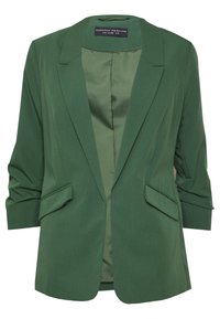 Green blazer with a structured design, featuring a single-button front, two front pockets, and rolled cuffs. Smooth inner lining.