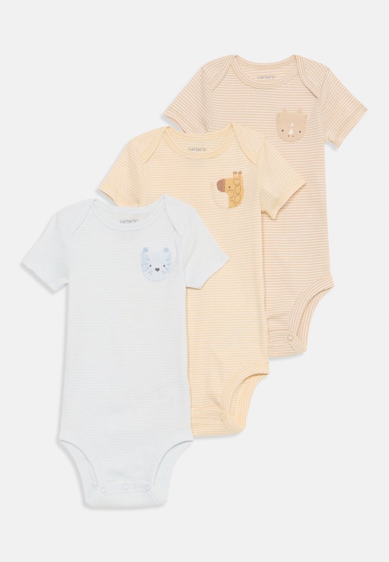 Zestaw trzech bodziaków dla niemowląt z krótkim rękawem w jasnoniebieskie, żółte i kremowe paski. Posiadają kieszonki na piersi z motywem zwierząt oraz zapięcia na zatrzaski.